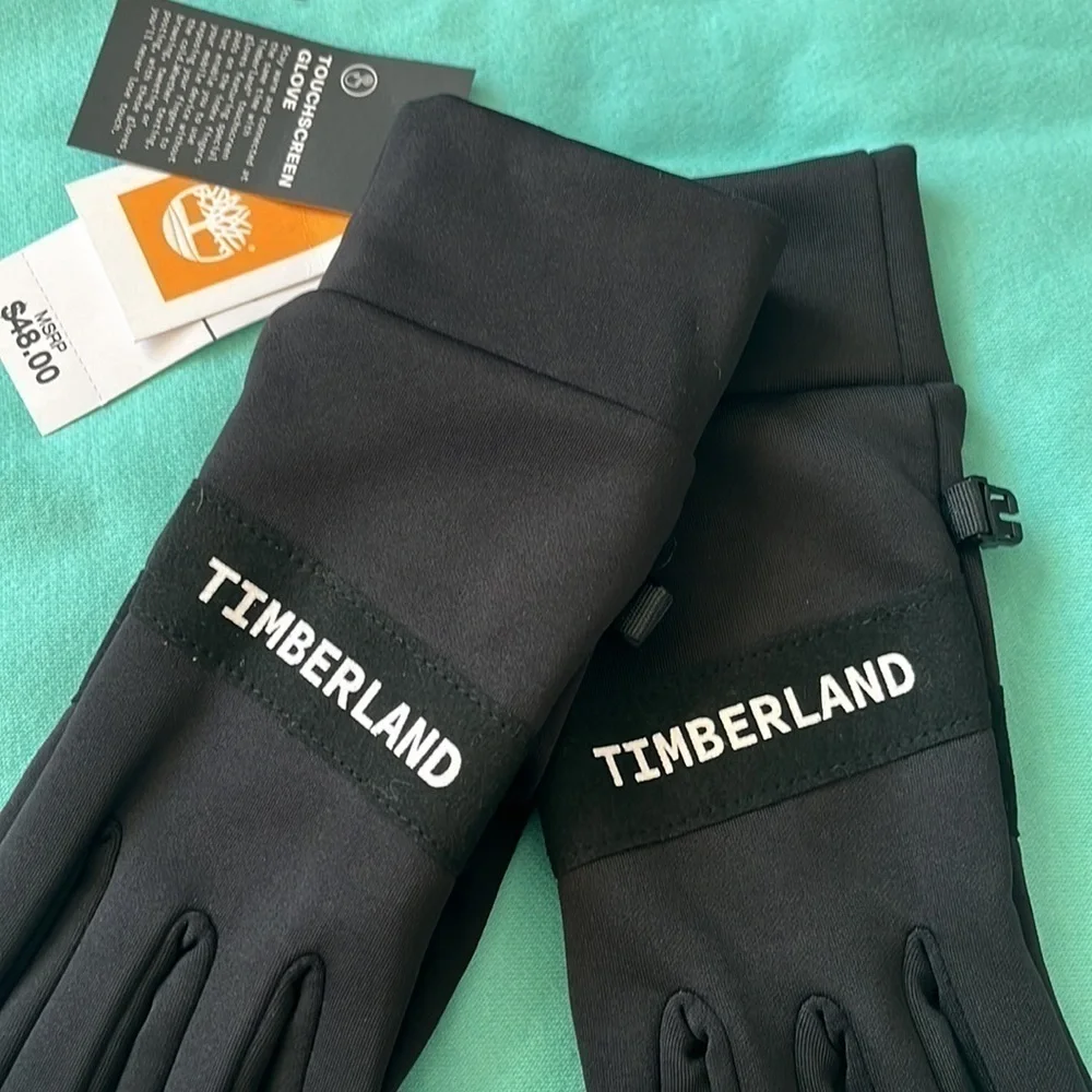 Brand New Timberland Black Touchscreen Gloves White Logo Running Winter